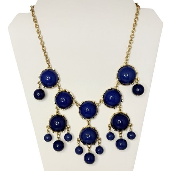 Navy Blue Cabochon Chandelier Statement Necklace 22” Bubbles Runway Gold Tone - Picture 2 of 16